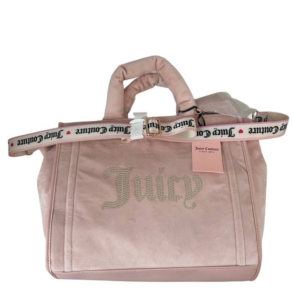 NWT Juicy Couture Large Pink Velour Tote Bag with Heart Charm - Picture 3 of 3